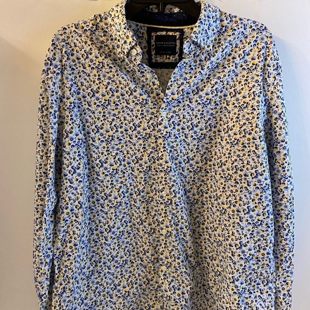 Denim‎ & Flowers Ricky Singh Ls flowers blue yellow flowers Xl Mens button down
